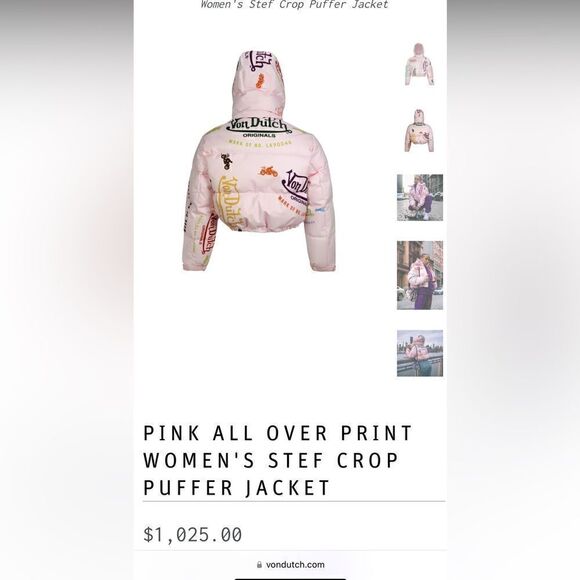 VON DUTCH PINK ALL OVER PRINT WOMEN'S STEF CROP PUFFER JACKET - Picture 5 of 5